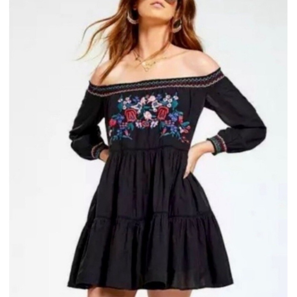 Free People M Sun Beams Bardot Dress Tiered Embroidered Floral Mini Cottage Boho